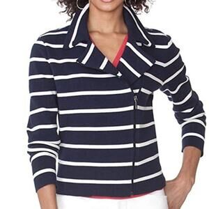 Chaps Navy Striped Zip Jacket Gold Button Nautical Blazer Style Women L Preppy